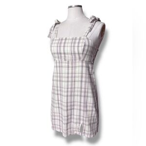 HOLLISTER Pink & Grey Plaid Tie Shoulder Linen Blend Mini Dress